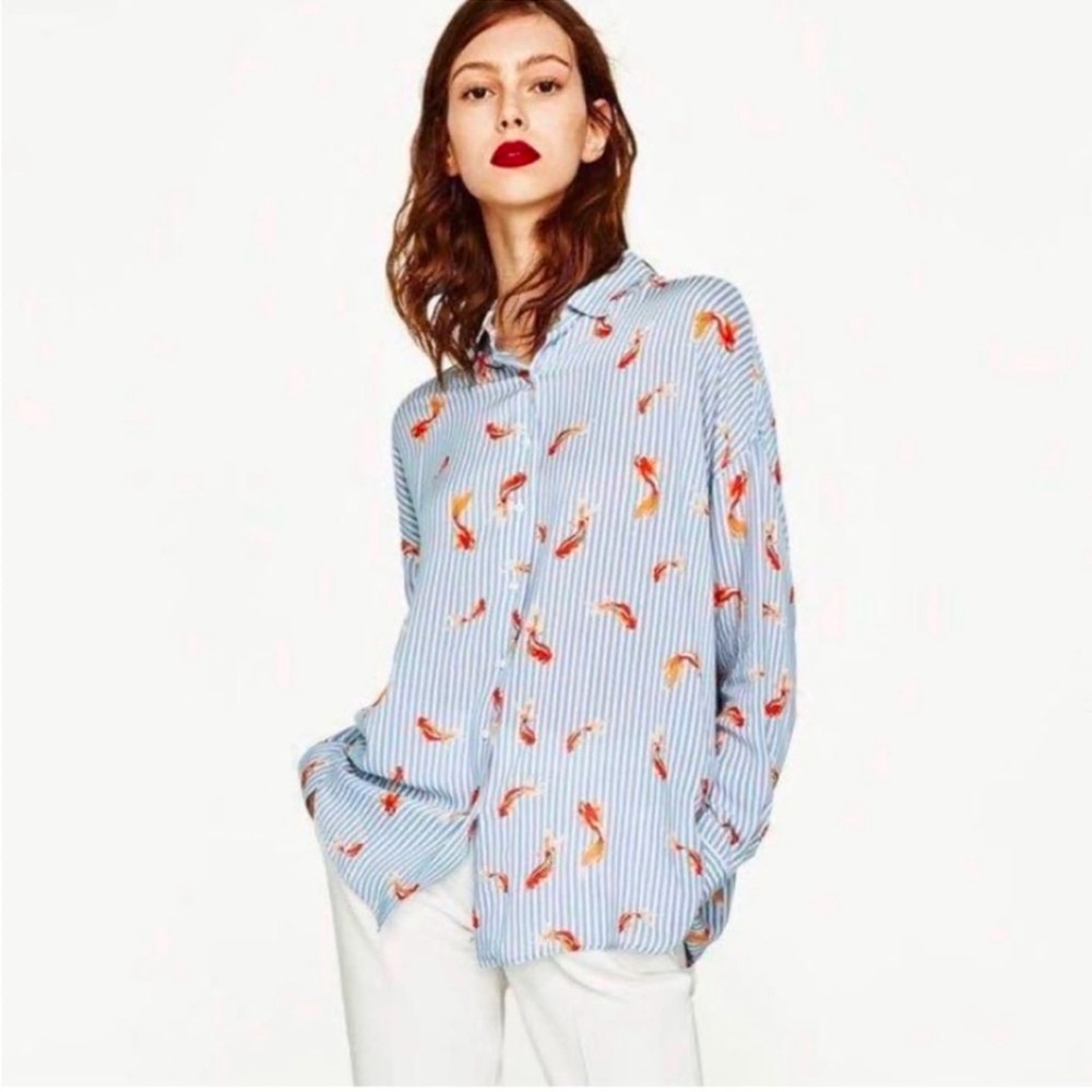 ZARA Graphic Goldfish Button-down Blouse